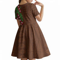 Tonga Language Week Kid Short Sleeve Dress Heilala Floral Brown LT05 - Polynesian Pride