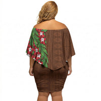 Tonga Language Week Off Shoulder Short Dress Heilala Floral Brown LT05 - Polynesian Pride