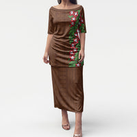 Tonga Language Week Puletasi Heilala Floral Brown LT05 Long Dress Brown - Polynesian Pride