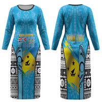 Personalised Malampa Fiji Day 2026 Family Matching Long Sleeve Bodycon Dress and Hawaiian Shirt Unique Style LT05 Mom's Dress Blue - Polynesian Pride