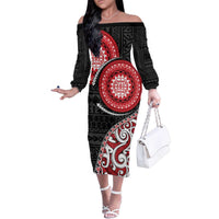 New Zealand Red Maori Koru Simple Style Family Matching Off The Shoulder Long Sleeve Dress and Hawaiian Shirt