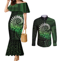 New Zealand Maori Koru Fern Couples Matching Mermaid Dress and Long Sleeve Button Shirt Spiral Polynesian Style Green LT05 Green - Polynesian Pride