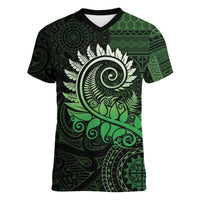 New Zealand Maori Koru Fern Women V-Neck T-Shirt Spiral Polynesian Style Green LT05 Female Green - Polynesian Pride