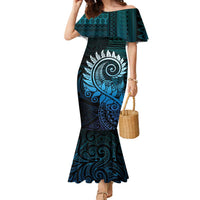 New Zealand Maori Koru Fern Family Matching Mermaid Dress and Hawaiian Shirt Spiral Polynesian Style Aqua Gradient LT05 Mom's Dress Aqua - Polynesian Pride