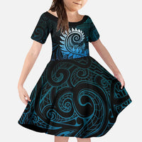 New Zealand Maori Koru Fern Family Matching Short Sleeve Bodycon Dress and Hawaiian Shirt Spiral Polynesian Style Aqua Gradient LT05 Daughter's Dress Aqua - Polynesian Pride