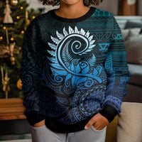 New Zealand Maori Koru Fern Kid Ugly Christmas Sweater Spiral Polynesian Style Aqua Gradient