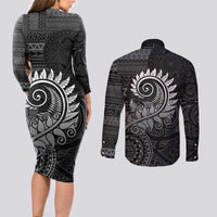 New Zealand Maori Koru Fern Couples Matching Long Sleeve Bodycon Dress and Long Sleeve Button Shirt Spiral Polynesian Style Gray LT05 - Polynesian Pride