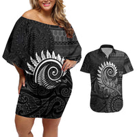 New Zealand Maori Koru Fern Couples Matching Off Shoulder Short Dress and Hawaiian Shirt Spiral Polynesian Style Gray LT05 Gray - Polynesian Pride
