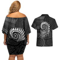 New Zealand Maori Koru Fern Couples Matching Off Shoulder Short Dress and Hawaiian Shirt Spiral Polynesian Style Gray LT05 - Polynesian Pride