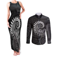 New Zealand Maori Koru Fern Couples Matching Tank Maxi Dress and Long Sleeve Button Shirt Spiral Polynesian Style Gray LT05 Gray - Polynesian Pride