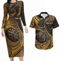 Personalised New Zealand Gold Darts Couples Matching Long Sleeve Bodycon Dress and Hawaiian Shirt Maori Fern Curve Style