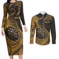 Personalised New Zealand Gold Darts Couples Matching Long Sleeve Bodycon Dress and Long Sleeve Button Shirt Maori Fern Curve Style