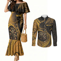 Personalised New Zealand Gold Darts Couples Matching Mermaid Dress and Long Sleeve Button Shirt Maori Fern Curve Style