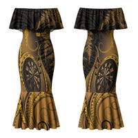 Personalised New Zealand Gold Darts Couples Matching Mermaid Dress and Long Sleeve Button Shirt Maori Fern Curve Style