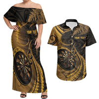 Personalised New Zealand Gold Darts Couples Matching Off Shoulder Maxi Dress and Hawaiian Shirt Maori Fern Curve Style