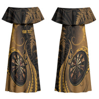 Personalised New Zealand Gold Darts Couples Matching Off Shoulder Maxi Dress and Hawaiian Shirt Maori Fern Curve Style