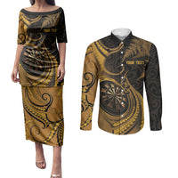 Personalised New Zealand Gold Darts Couples Matching Puletasi and Long Sleeve Button Shirt Maori Fern Curve Style