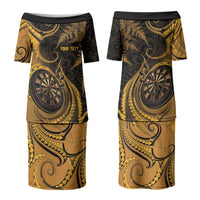 Personalised New Zealand Gold Darts Couples Matching Puletasi and Long Sleeve Button Shirt Maori Fern Curve Style