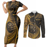 Personalised New Zealand Gold Darts Couples Matching Short Sleeve Bodycon Dress and Long Sleeve Button Shirt Maori Fern Curve Style