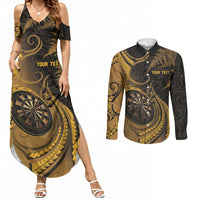 Personalised New Zealand Gold Darts Couples Matching Summer Maxi Dress and Long Sleeve Button Shirt Maori Fern Curve Style