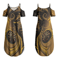 Personalised New Zealand Gold Darts Couples Matching Summer Maxi Dress and Long Sleeve Button Shirt Maori Fern Curve Style