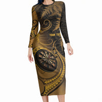 Personalised New Zealand Gold Darts Long Sleeve Bodycon Dress Maori Fern Curve Style