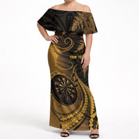 Personalised New Zealand Gold Darts Off Shoulder Maxi Dress Maori Fern Curve Style