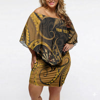 Personalised New Zealand Gold Darts Off Shoulder Short Dress Maori Fern Curve Style