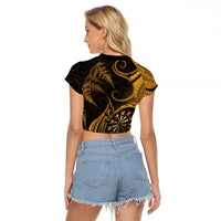 Personalised New Zealand Gold Darts Raglan Cropped T Shirt Maori Fern Curve Style