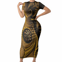 Personalised New Zealand Gold Darts Short Sleeve Bodycon Dress Maori Fern Curve Style