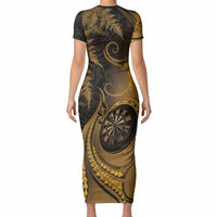 Personalised New Zealand Gold Darts Short Sleeve Bodycon Dress Maori Fern Curve Style