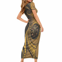 Personalised New Zealand Gold Darts Short Sleeve Bodycon Dress Maori Fern Curve Style