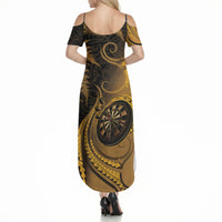 Personalised New Zealand Gold Darts Summer Maxi Dress Maori Fern Curve Style