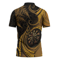 Personalised New Zealand Gold Darts Zipper Polo Shirt Maori Fern Curve Style