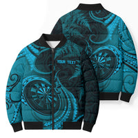Personalised New Zealand Turquoise Darts Bomber Puffer Jacket Maori Fern Curve Style