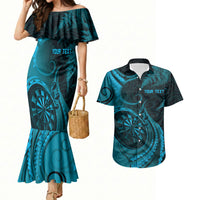 Personalised New Zealand Turquoise Darts Couples Matching Mermaid Dress and Hawaiian Shirt Maori Fern Curve Style