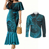 Personalised New Zealand Turquoise Darts Couples Matching Mermaid Dress and Long Sleeve Button Shirt Maori Fern Curve Style