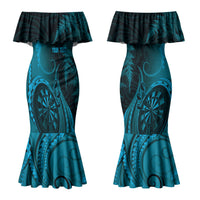 Personalised New Zealand Turquoise Darts Couples Matching Mermaid Dress and Long Sleeve Button Shirt Maori Fern Curve Style