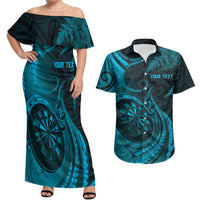 Personalised New Zealand Turquoise Darts Couples Matching Off Shoulder Maxi Dress and Hawaiian Shirt Maori Fern Curve Style