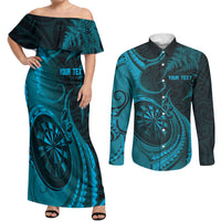 Personalised New Zealand Turquoise Darts Couples Matching Off Shoulder Maxi Dress and Long Sleeve Button Shirt Maori Fern Curve Style