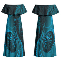 Personalised New Zealand Turquoise Darts Couples Matching Off Shoulder Maxi Dress and Long Sleeve Button Shirt Maori Fern Curve Style