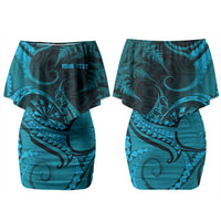 Personalised New Zealand Turquoise Darts Couples Matching Off Shoulder Short Dress and Hawaiian Shirt Maori Fern Curve Style