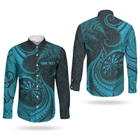 Personalised New Zealand Turquoise Darts Couples Matching Off The Shoulder Long Sleeve Dress and Long Sleeve Button Shirt Maori Fern Curve Style