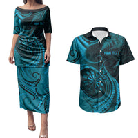 Personalised New Zealand Turquoise Darts Couples Matching Puletasi and Hawaiian Shirt Maori Fern Curve Style