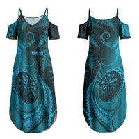 Personalised New Zealand Turquoise Darts Couples Matching Summer Maxi Dress and Long Sleeve Button Shirt Maori Fern Curve Style