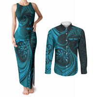 Personalised New Zealand Turquoise Darts Couples Matching Tank Maxi Dress and Long Sleeve Button Shirt Maori Fern Curve Style
