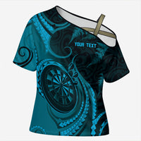 Personalised New Zealand Turquoise Darts Cross Shoulder Shirt Maori Fern Curve Style