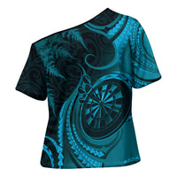 Personalised New Zealand Turquoise Darts Cross Shoulder Shirt Maori Fern Curve Style