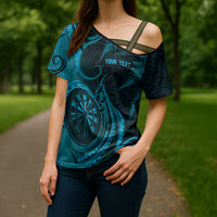 Personalised New Zealand Turquoise Darts Cross Shoulder Shirt Maori Fern Curve Style
