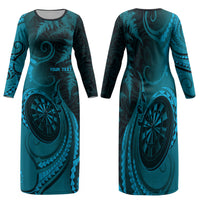 Personalised New Zealand Turquoise Darts Family Matching Long Sleeve Bodycon Dress and Hawaiian Shirt Maori Fern Curve Style